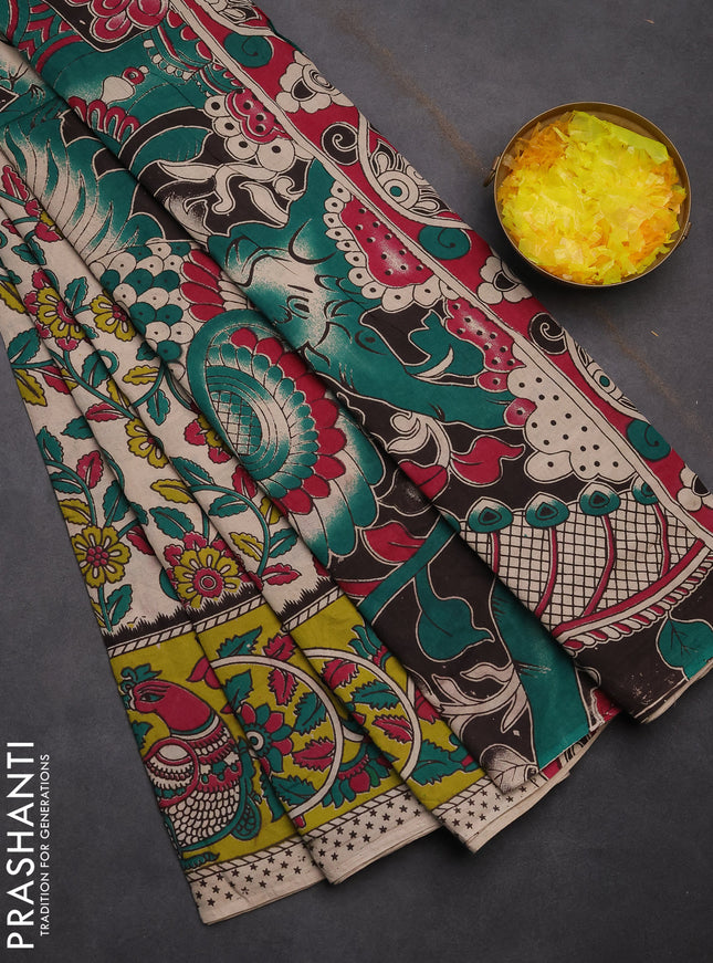Kalamkari cotton saree beige and light green with allover prints and printed border