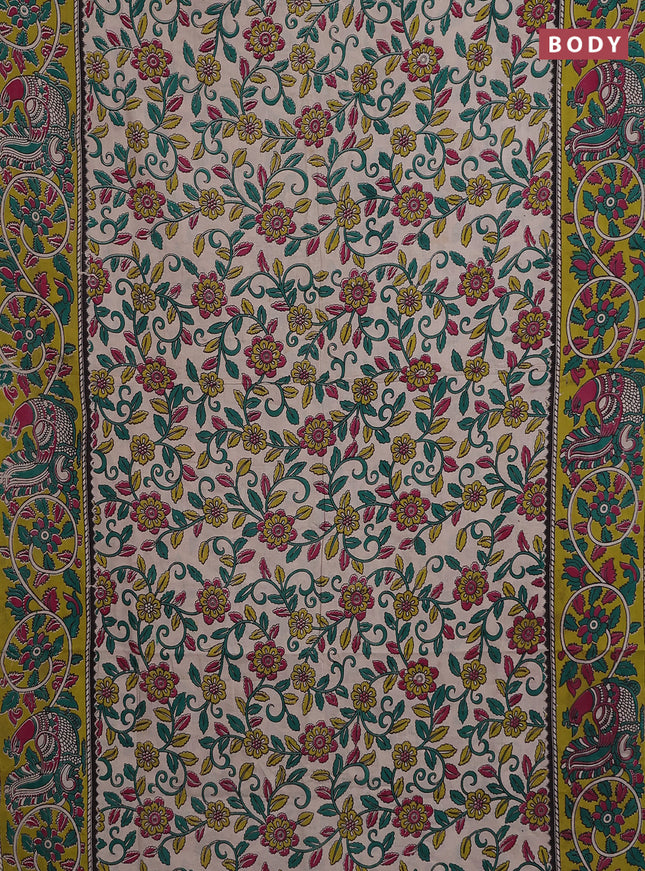 Kalamkari cotton saree beige and light green with allover prints and printed border