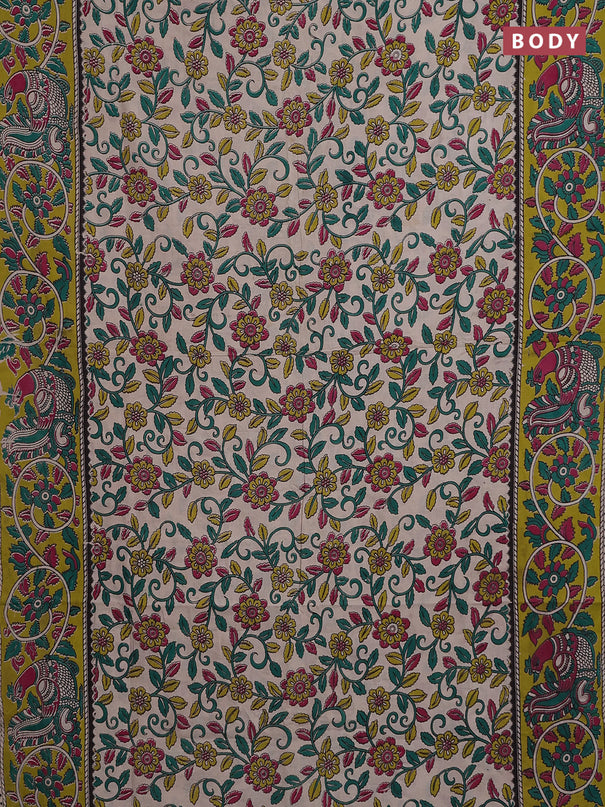 Kalamkari cotton saree beige and light green with allover prints and printed border