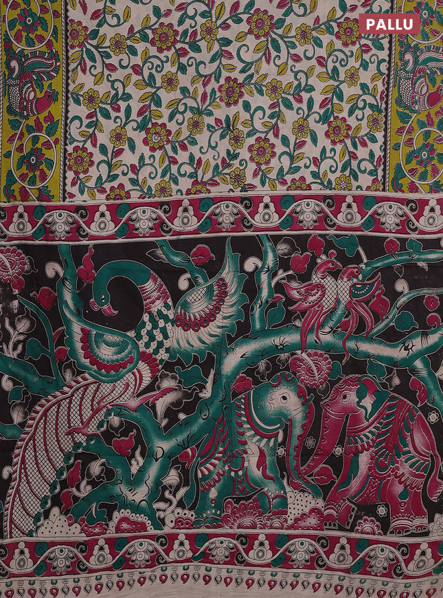 Kalamkari cotton saree beige and light green with allover prints and printed border