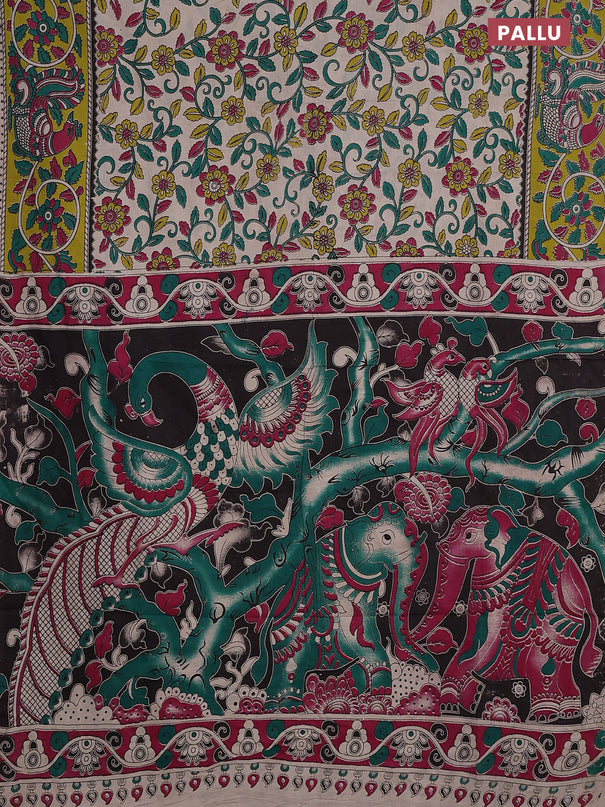 Kalamkari cotton saree beige and light green with allover prints and printed border