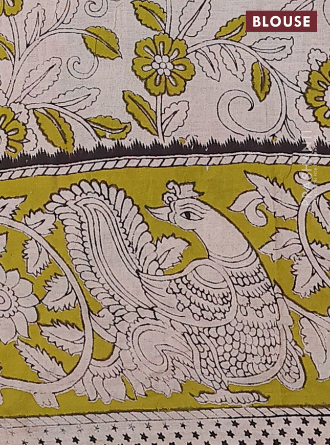 Kalamkari cotton saree beige and light green with allover prints and printed border