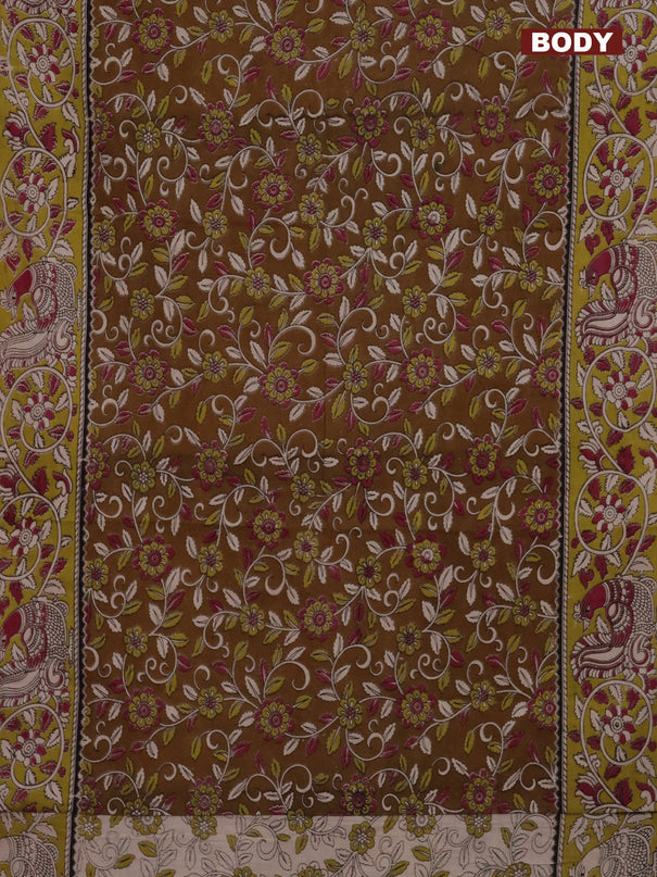 Kalamkari cotton saree dark mustard and light green with allover prints and printed border