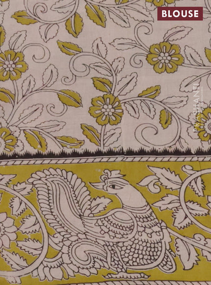 Kalamkari cotton saree dark mustard and light green with allover prints and printed border