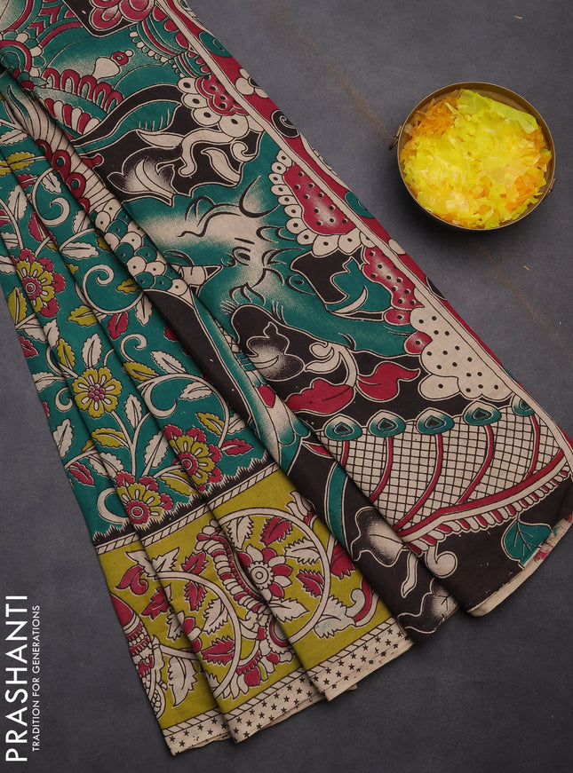 Kalamkari cotton saree green and light green with allover prints and printed border