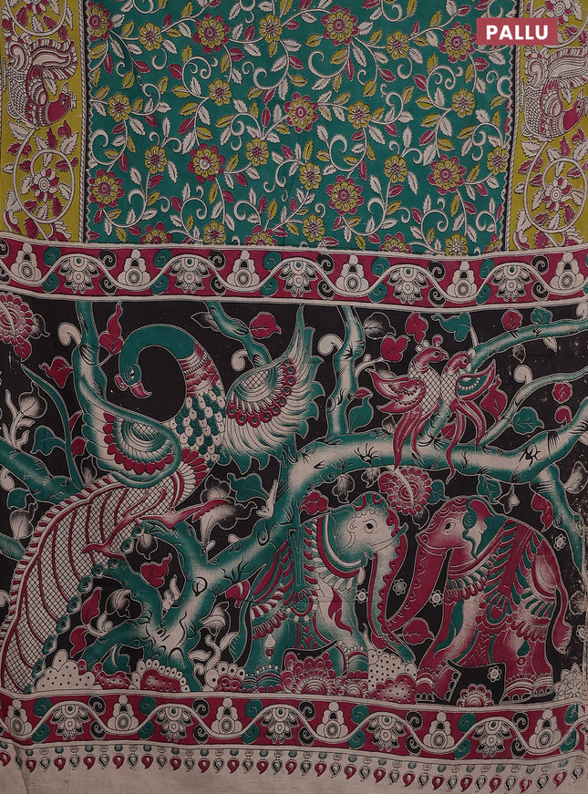 Kalamkari cotton saree green and light green with allover prints and printed border