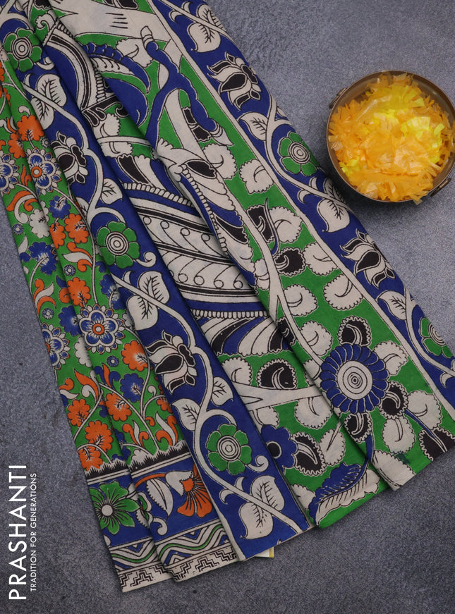 Kalamkari cotton saree green and blue with allover prints and printed border