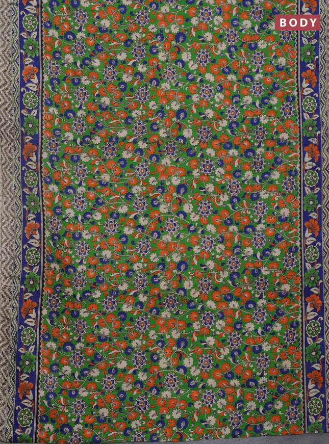 Kalamkari cotton saree green and blue with allover prints and printed border
