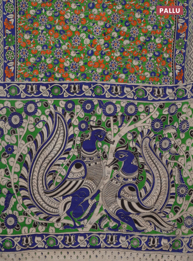 Kalamkari cotton saree green and blue with allover prints and printed border