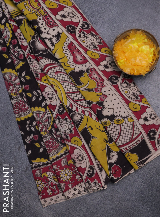 Kalamkari cotton saree black and magenta pink with allover prints and printed border