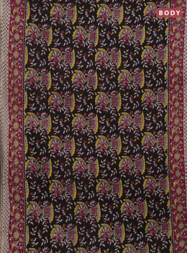 Kalamkari cotton saree black and magenta pink with allover prints and printed border
