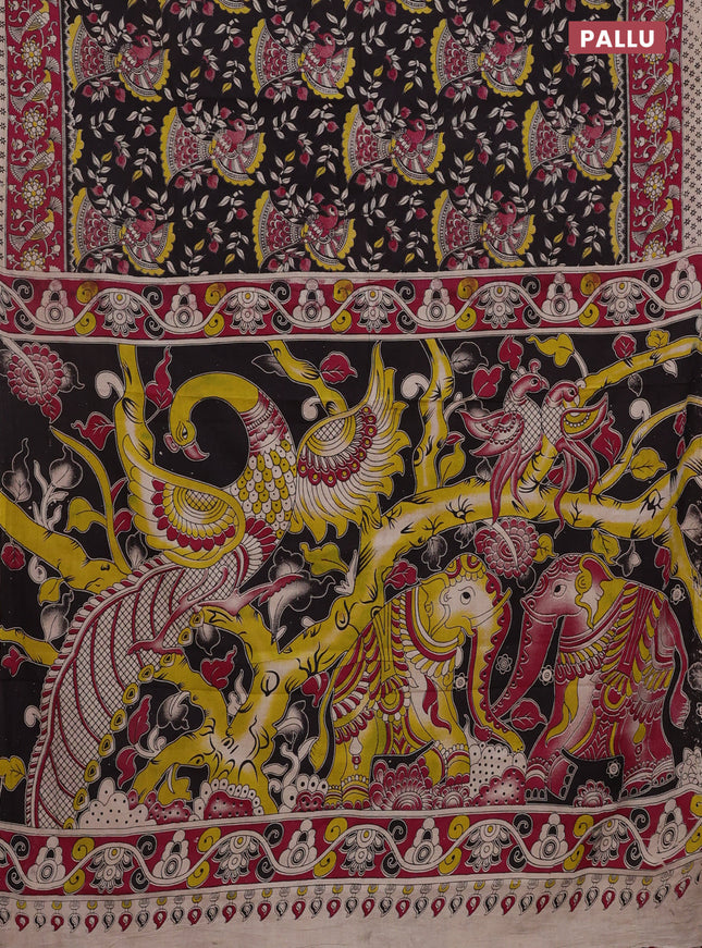 Kalamkari cotton saree black and magenta pink with allover prints and printed border