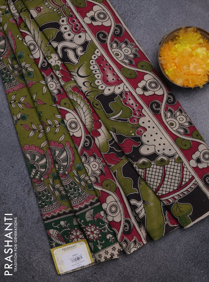 Kalamkari cotton saree mehendi green and green with allover prints and printed border