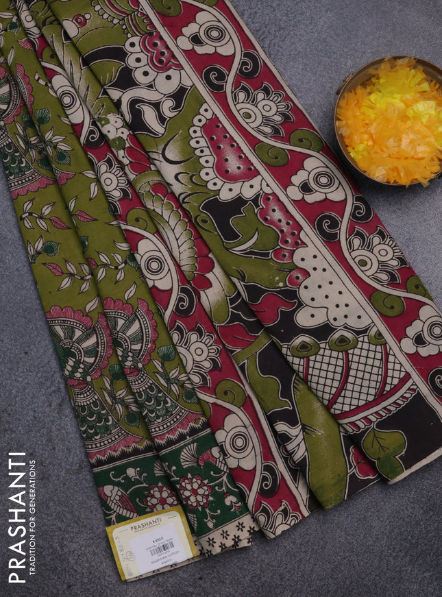 Kalamkari cotton saree mehendi green and green with allover prints and printed border