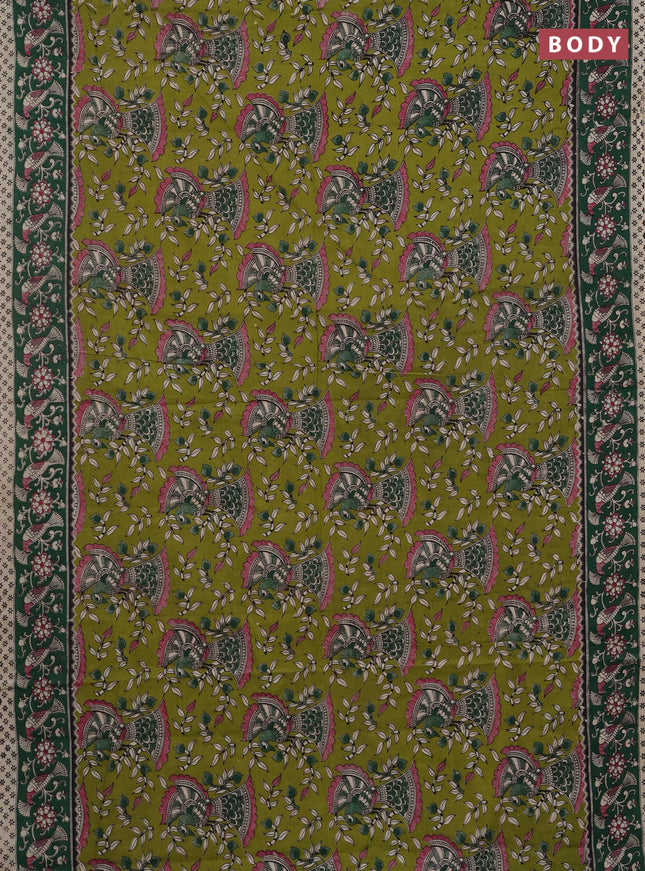 Kalamkari cotton saree mehendi green and green with allover prints and printed border