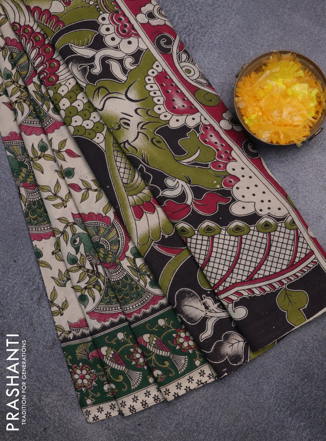 Kalamkari cotton saree beige and green with allover prints and printed border