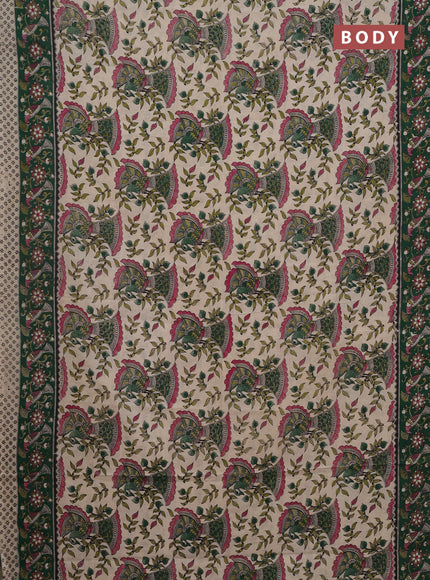 Kalamkari cotton saree beige and green with allover prints and printed border