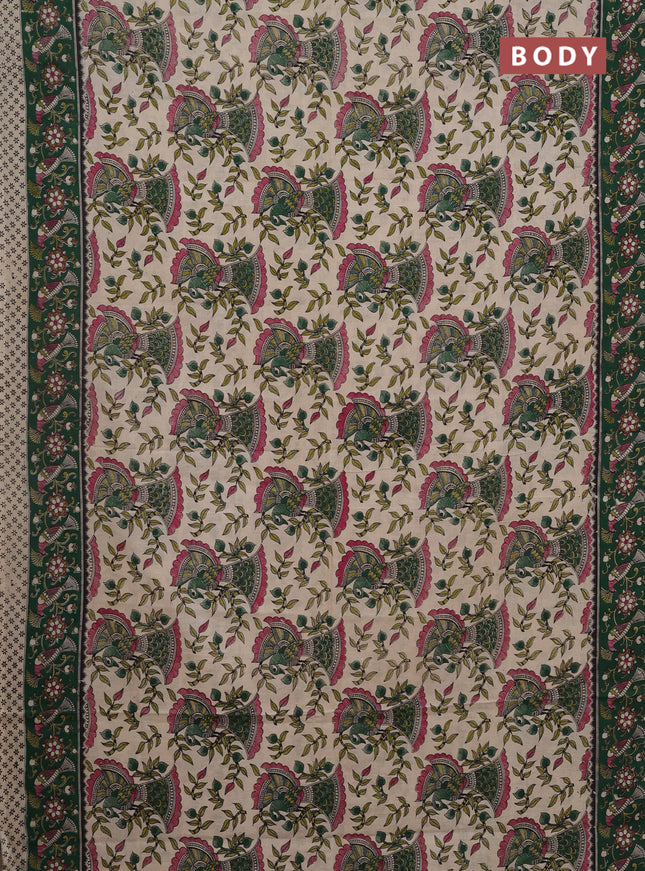 Kalamkari cotton saree beige and green with allover prints and printed border
