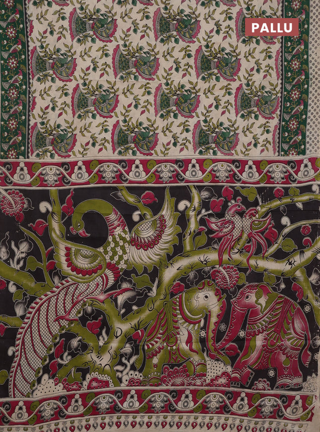 Kalamkari cotton saree beige and green with allover prints and printed border