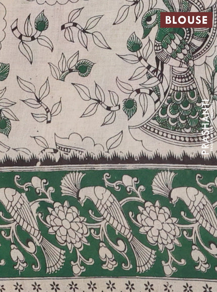 Kalamkari cotton saree beige and green with allover prints and printed border