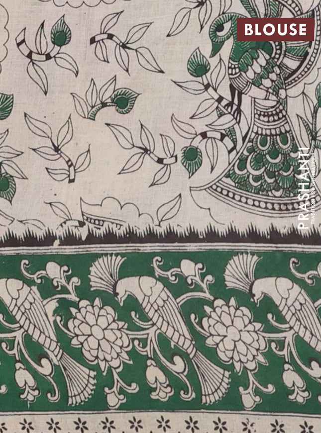Kalamkari cotton saree beige and green with allover prints and printed border