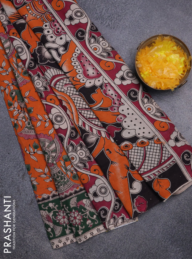 Kalamkari cotton saree orange and green with allover prints and printed border