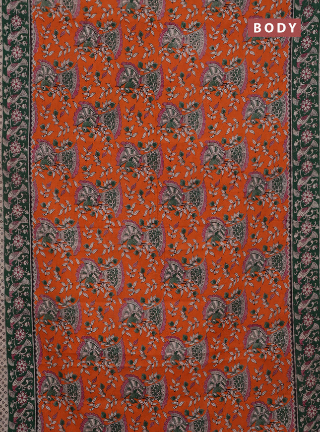 Kalamkari cotton saree orange and green with allover prints and printed border