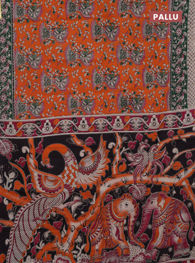 Kalamkari cotton saree orange and green with allover prints and printed border