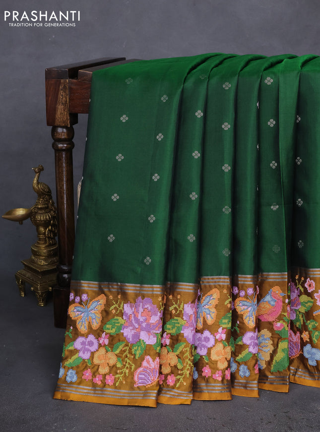 Pure soft silk saree green and dark mustard with allover silver zari woven buttas and zari woven embroidery work border
