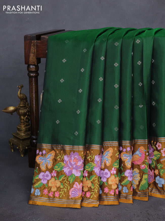 Pure soft silk saree green and dark mustard with allover silver zari woven buttas and zari woven embroidery work border