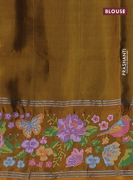 Pure soft silk saree green and dark mustard with allover silver zari woven buttas and zari woven embroidery work border