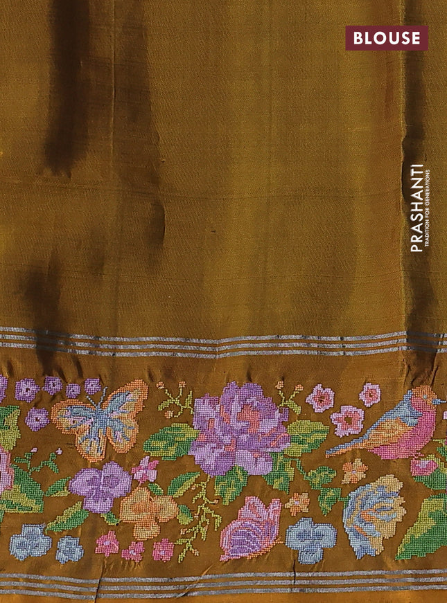 Pure soft silk saree green and dark mustard with allover silver zari woven buttas and zari woven embroidery work border