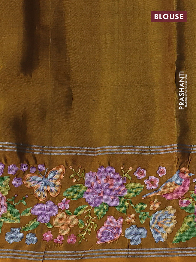 Pure soft silk saree green and dark mustard with allover silver zari woven buttas and zari woven embroidery work border