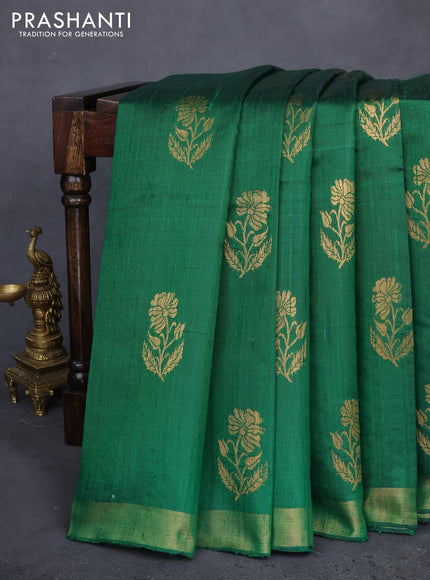 Pure dupion silk saree green with zari woven floral buttas and zari woven border