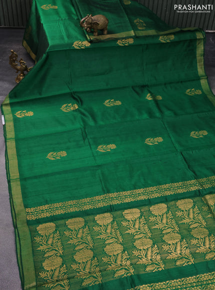Pure dupion silk saree green with zari woven floral buttas and zari woven border