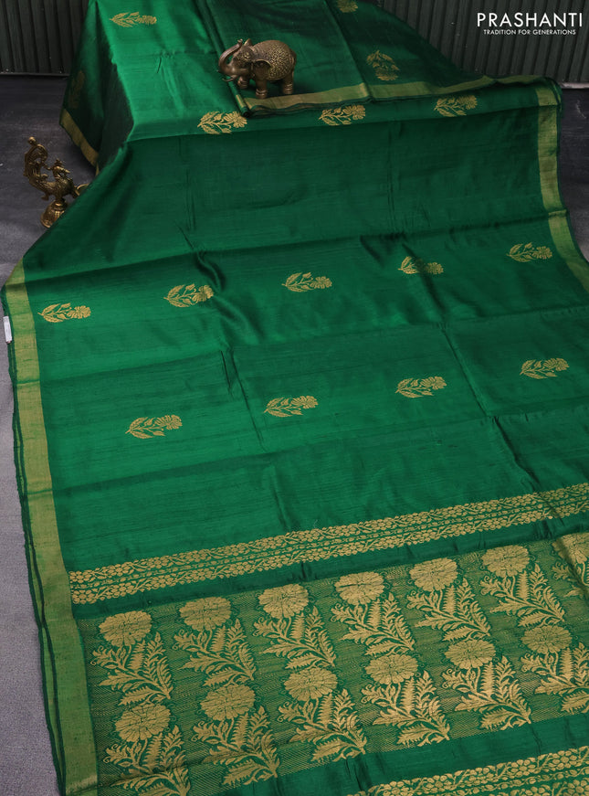 Pure dupion silk saree green with zari woven floral buttas and zari woven border