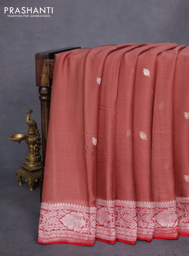 Banarasi chiffon silk saree pastel brown and red with silver zari woven buttas and silver zari woven border
