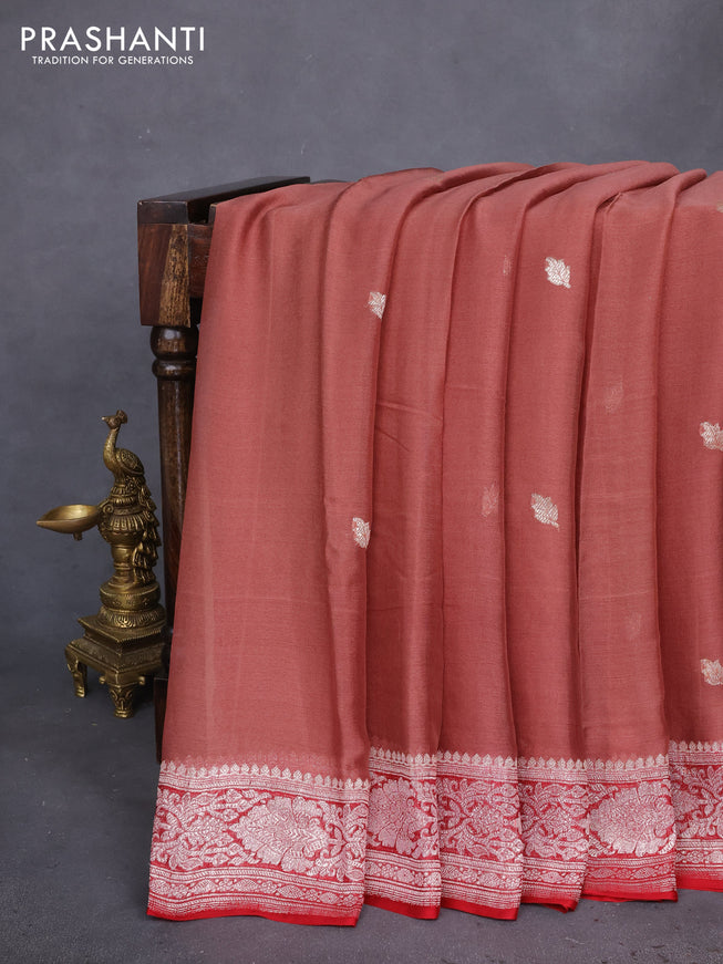 Banarasi chiffon silk saree pastel brown and red with silver zari woven buttas and silver zari woven border