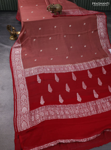 Banarasi chiffon silk saree pastel brown and red with silver zari woven buttas and silver zari woven border