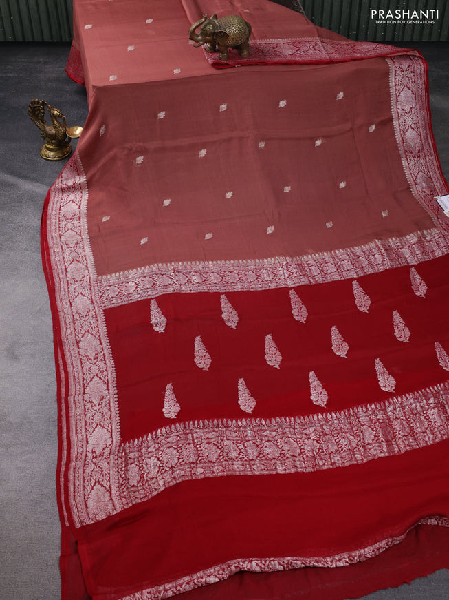 Banarasi chiffon silk saree pastel brown and red with silver zari woven buttas and silver zari woven border