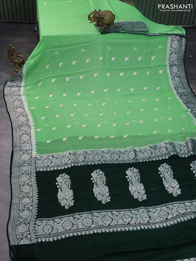 Banarasi chiffon silk saree light green and bottle green with silver zari woven buttas and floral silver zari woven border