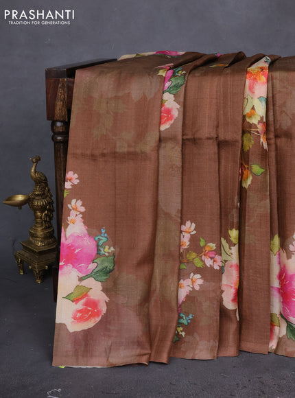 Pure tussar silk saree brown with floral prints in borderless style