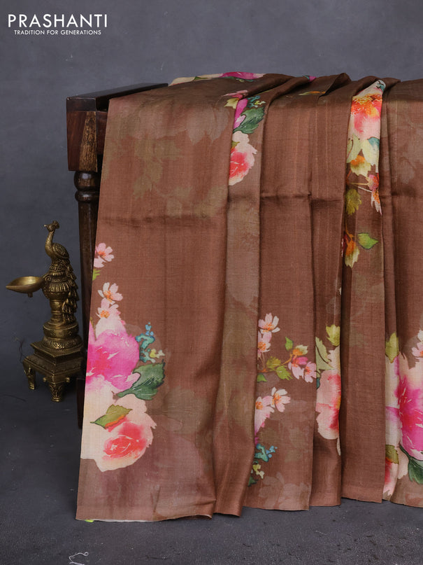 Pure tussar silk saree brown with floral prints in borderless style