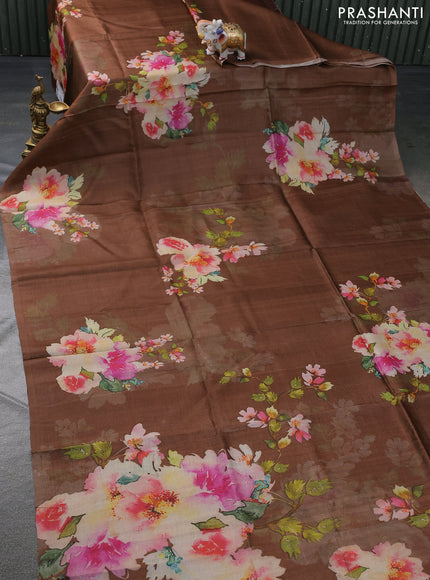 Pure tussar silk saree brown with floral prints in borderless style