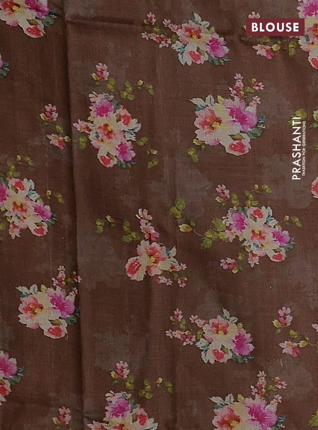 Pure tussar silk saree brown with floral prints in borderless style