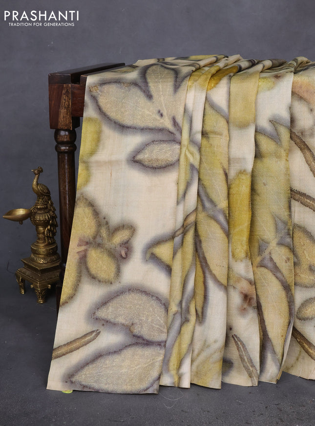 Pure tussar silk saree beige with allover prints in borderless style