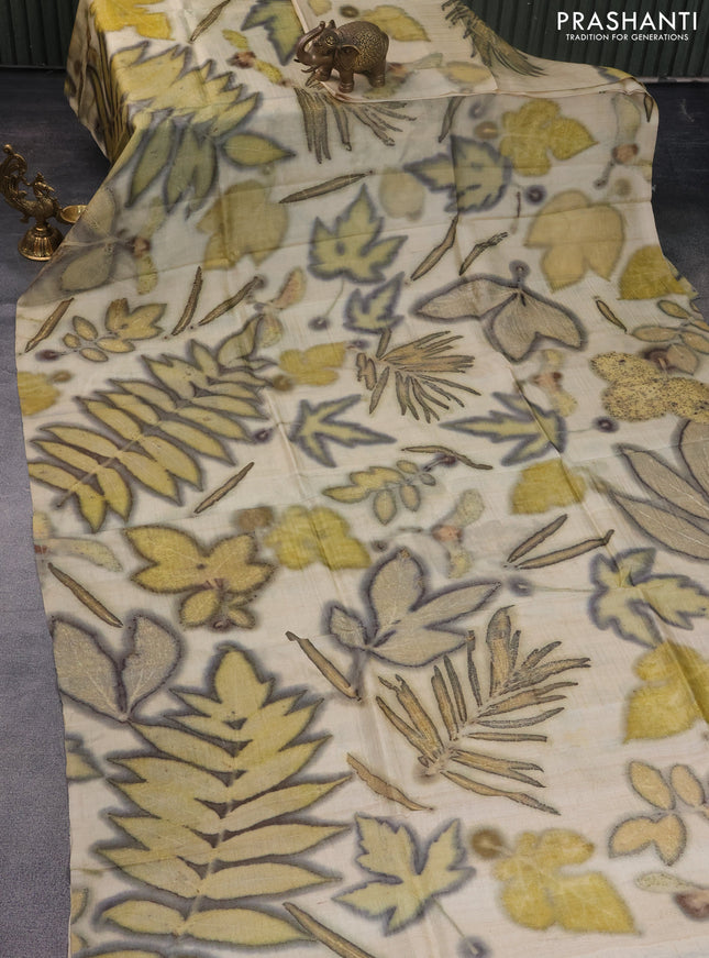 Pure tussar silk saree beige with allover prints in borderless style