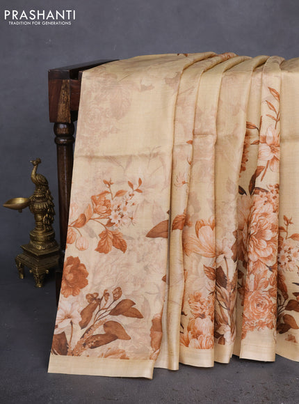 Pure tussar silk saree sandal with allover floral prints in borderless style