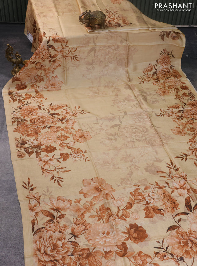 Pure tussar silk saree sandal with allover floral prints in borderless style