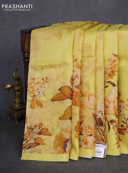 Pure tussar silk saree yellow with allover floral prints in borderless style